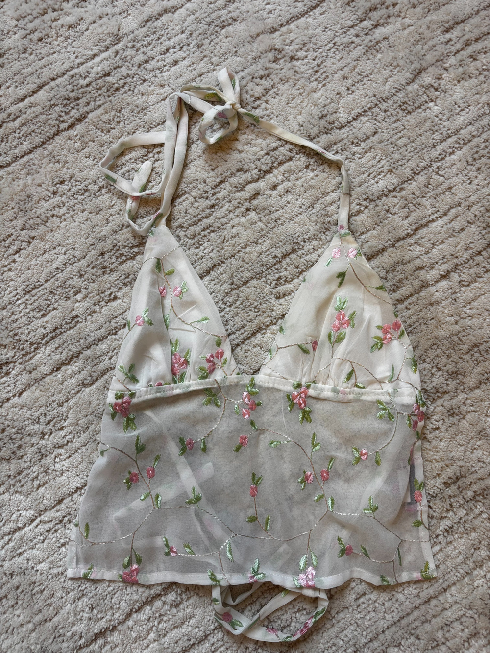 Edikted Floral Mesh Halter Top Sheer Pink Green Y2K Size M